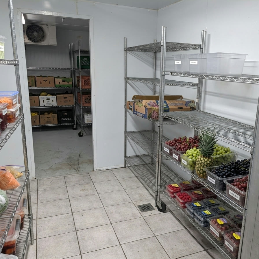 Refrigerated cold storage with labelled shelving at MiFoodStudio