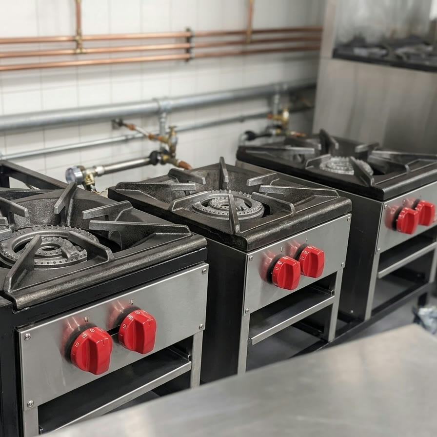 Configurable stock-pot burner range with red control knobs